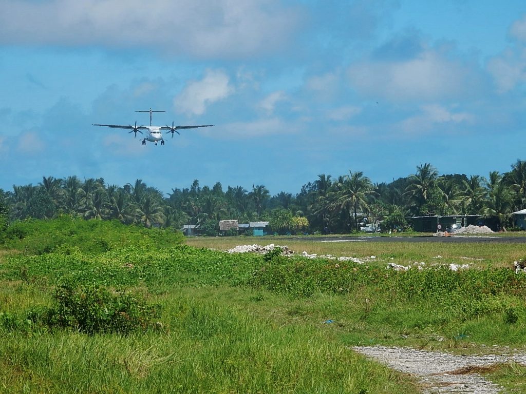 a propeller plane low against a blue sky with palm trees and grass below